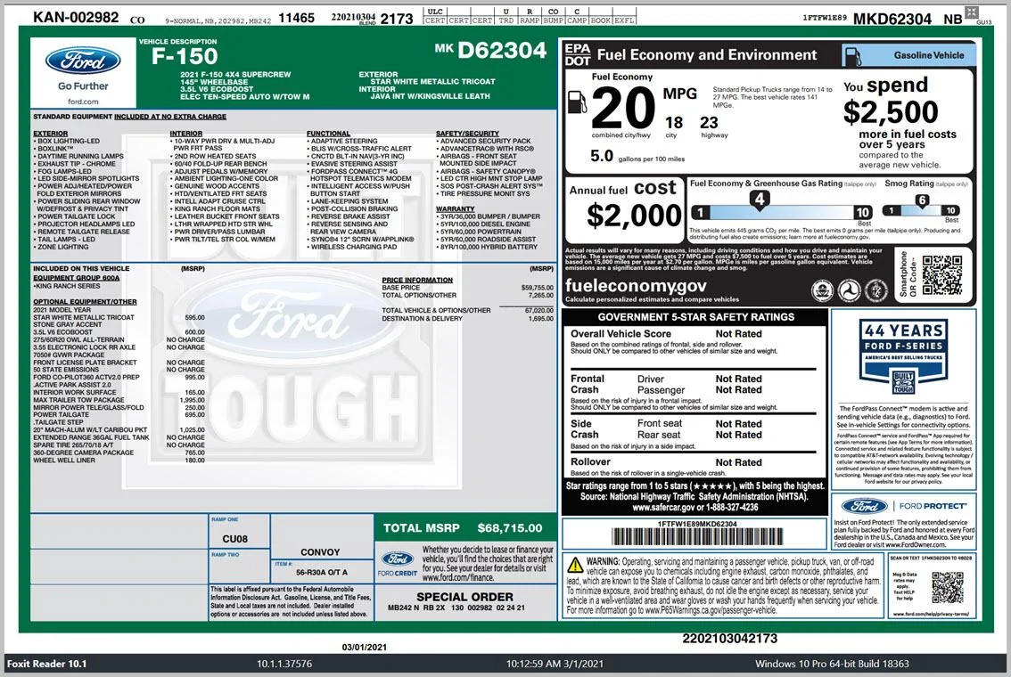 Ford F-150 March 1 Build Week Window Sticker