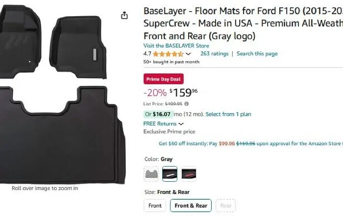 Prime Day deal 20% off Baselayer Ford F150 floor mat set